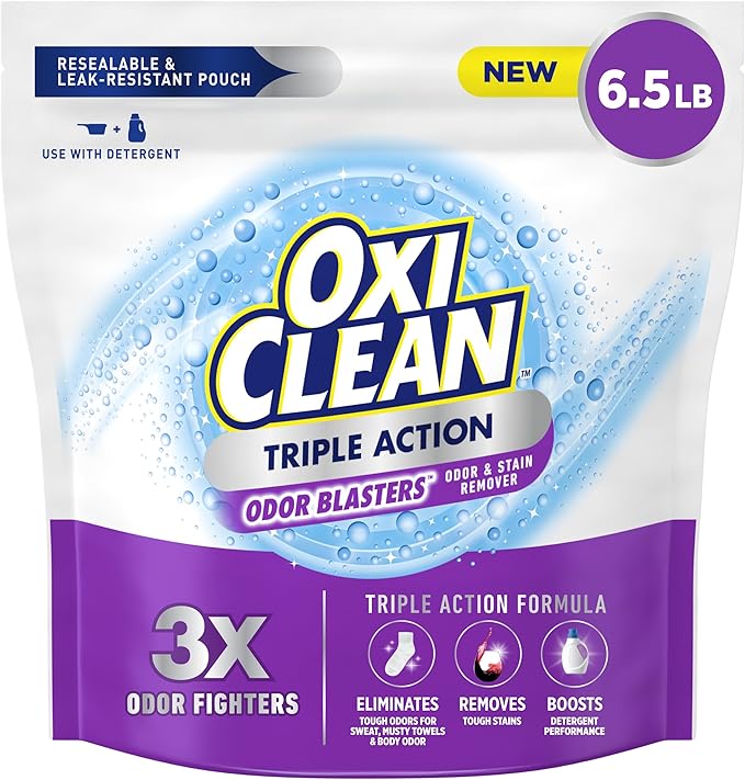 OxiClean Triple Action Odor Blasters Odor and Stain Remover Powder, Use with Detergent, Eliminates Tough Odors and Removes Stains, Color Safe and Chlorine Free, 6.5 lbs