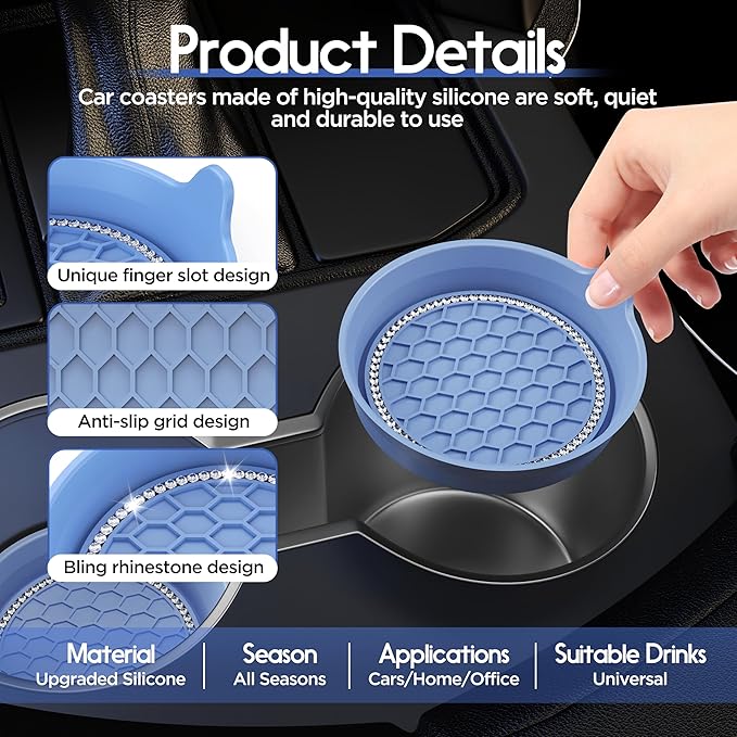 Amooca Car Cup Coaster Universal Non-Slip Cup Holders Bling Crystal Rhinestone Car Interior Accessories 4 Pack Gray Blue