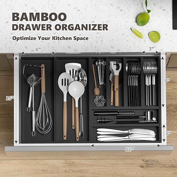Greatseas Kitchen Drawer Organizer Bins, Stackable Bamboo Drawer Organizer for Silverware, 2 Pcs Toilet Paper Basket Holder, Wood Bathroom Tray Countertop, Toilet Tank Tray Black 15" x 6" x 2.5"