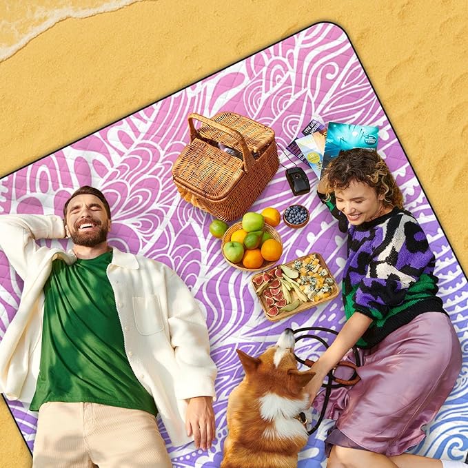 Waterproof Picnic Outdoor Blanket, 79" x 59" Sandproof Foldable Large Picnic Blanket for Beach, Camping, Park, Travel, Concert, Great Gift for Families and Couples (Hand Drawing)