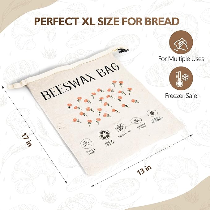 2 Pack Beeswax Bread Bag,17"×13"Reusable Organic Bread Bags for Homemade Bread Sourdough,Linen Outer Lining and Pure Cotton Beewax Inner Lining Moisture-proof &Fresh-Preserving With Buckle&Bowl Covers