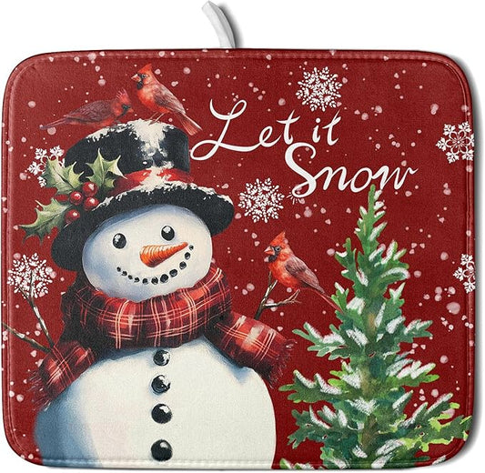 Winter Snowflake Red Dish Drying Mat for Kitchen Counter,Xmas Trees Snowman Cardinal Bird Drying Mat 16 x 18 Inch with High Absorbent Microfiber Drainer Mat for Coffee Bar