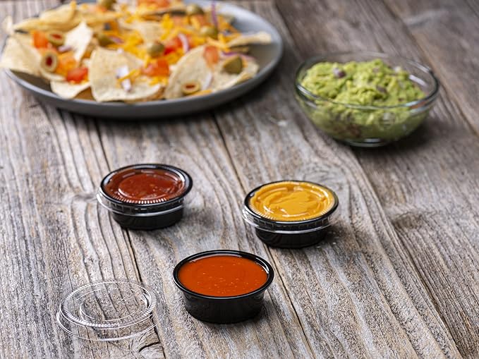1.5 oz - 100 Sets Black Diposable Plastic Portion Cups With Lids, Small Mini Containers For Portion Controll, Jello Shots, Meal Prep, Sauce Cups, Slime, Condiments Disposable Souffle Cups