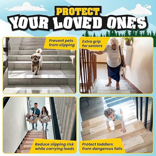 16 Pack Clear Stair Treads for Wooden Steps Indoor - 24"x4" Non Slip Stair Treads Indoor. Self Adhesive, Safe Anti Slip Tape for Kids, Seniors & Pets. Staircase Step Tread Includes Rubber Roller