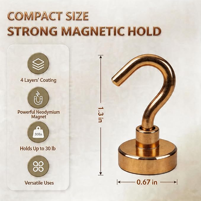 Neosmuk Magnetic Hooks, Heavy Duty 30lb+ Strong Magnet Hook for Cruise Cabins, Cruise Ship Essentials for Hanging, Metal Wall Refrigerator Hangers (Bronze, 12 Pack)
