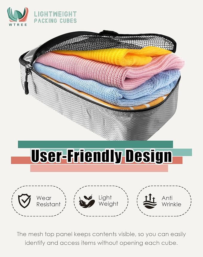 4-Piece Packing Cubes Travel Accessories Set for Suitcases - Luggage Organizer Bags with Double Zipper - Mesh Top - Small/Medium/Large/Slim - Grey