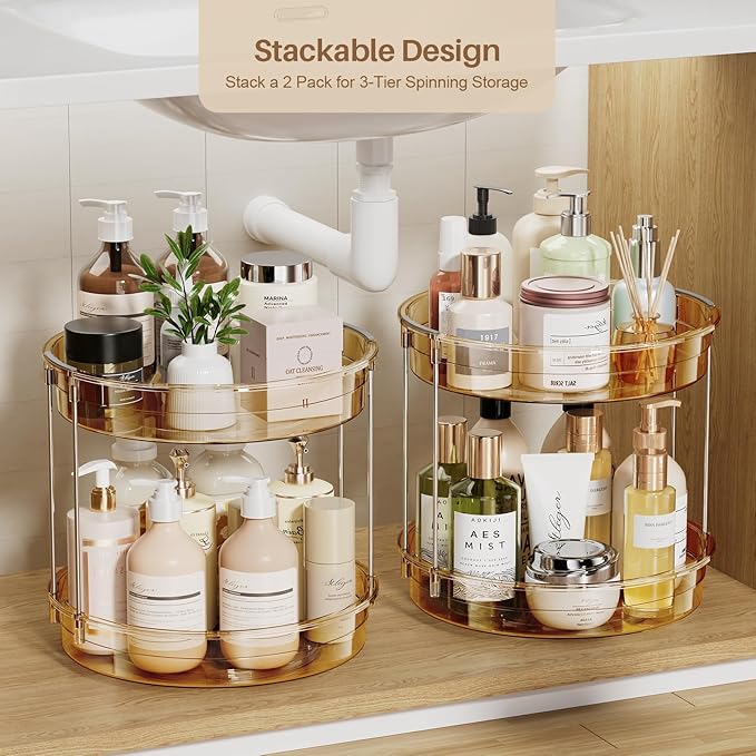LAMU 2 Pack 2-Tier Lazy Susan Turntable Organizer 12'' Rotating Spice Rack Organization for Cabinet, Kitchen, Pantry, Countertop, Bathroom, Vanity, Medicine Cabinet Organizer, Amber