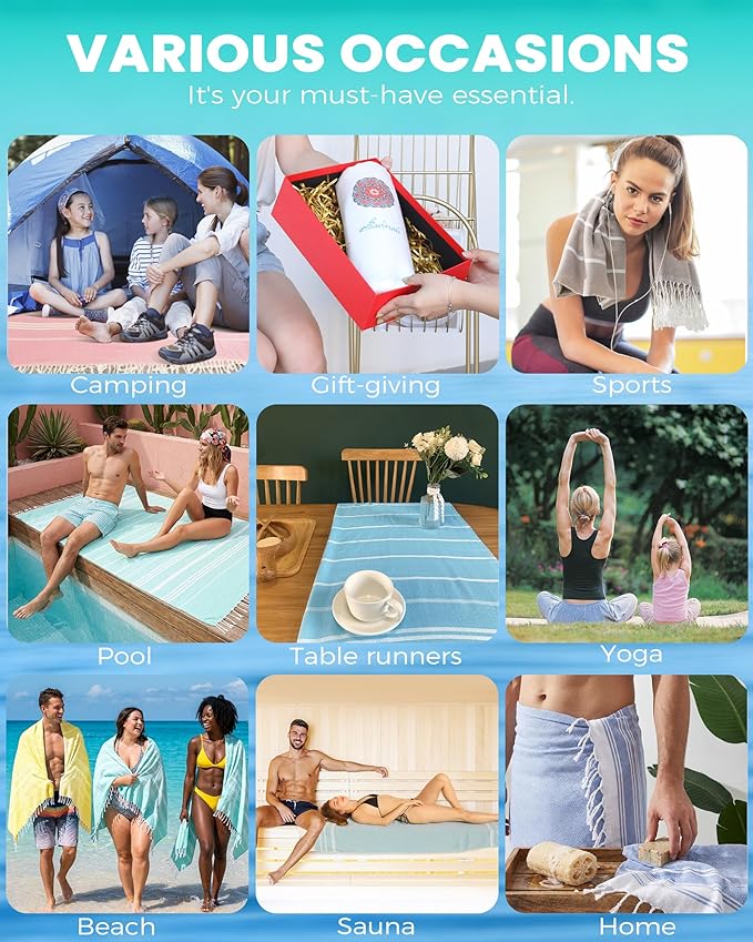 2 Packs Turkish Beach Towels Vacation Essentials Quick Dry Sand Free Soft Absorbent Extra Large Xl Big Blanket Adult Oversized Bath Pool Swim Towel Lightweight Thin Sandless Compact No Sand Packabl