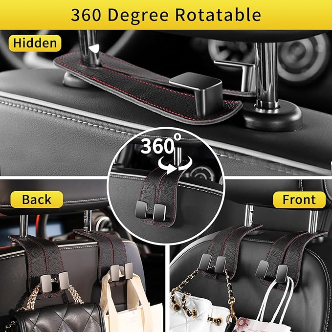 WEIHAO Car Purse Hook, Genuine Leather Car Seat Back Storage Hook, Purse Hook for Car Headrest, Twin Hook Leather Car Headrest Hangers, Bag Hook for Car, Trucks, SUVs, Most Vehicles (Black-1 PC)