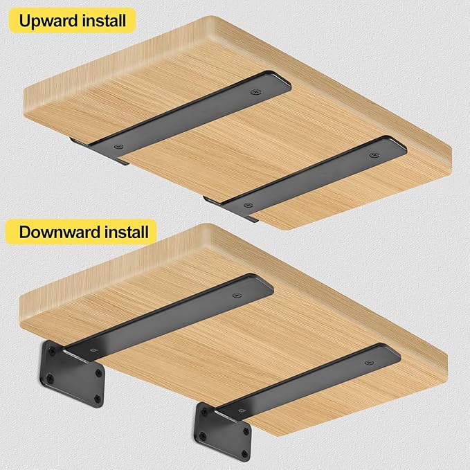 6 Pack - 12 inch Black Hidden L Shelf Bracket (1/5 Inch Thicked) Iron Floating Shelf Brackets Rustic Industrial Metal Brackets for Shelf Support