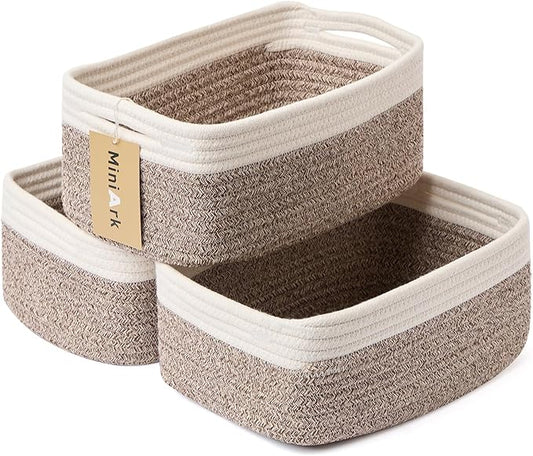 MiniArk Small Storage Baskets for Organizing | Closet Organizer Bins | Shelf Toy Basket | Woven Rope Baskets | Cube Decorative Box | Shallow Basket | 13x8.5x5.1” | 3 Packs White Brown