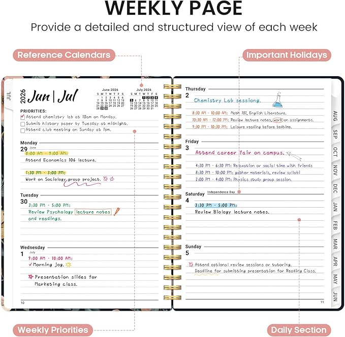 Planner 2026-2027, Academic Monthly and Weekly Calendar Planner for Women, July 2026 - June 2027, Hardcover Pretty Agenda Planner Book with Tabs, Spiral Daily Organizer for School Office Home Supplies, 6.3" x 8.5" - Evening Petals