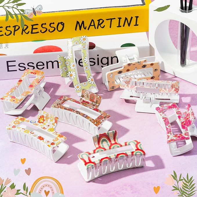 PANTIDE 8Pcs Boho Floral Hair Claw Clip for Women Girls - Retro Vintage Flower Rainbow Rectangle Nonslip Banana Hair Clip, Thin Thick Short Long Curly Accessories, Birthday Party School Classroom Gift