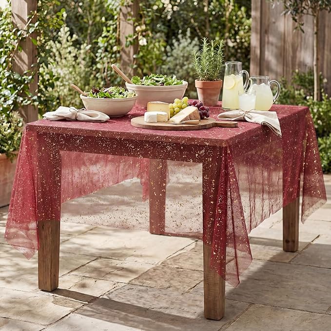 Horaldaily Burgundy Gold Gauze Tablecloth 52x70 Inch Rectangular, Golden Sequin Glitter Metallic Foil, Sheer Tulle Cheesecloth for Wedding Baby Shower Ceremony Birthday