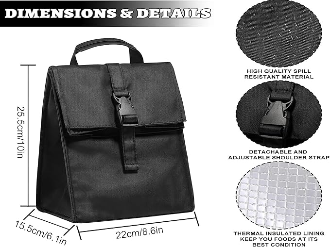 Insulated Foldable Lunch Bag - Lightweight Portable with Adjustable Shoulder Strap Lunch Box for Men, Women, Office, Work, Picnic, Hiking and Beach (Black (Soft Fabric))