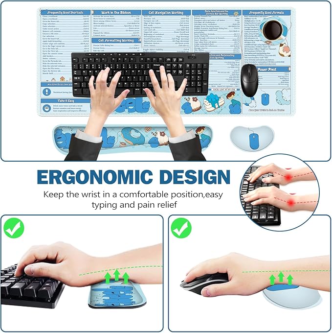 Excel Cheat Sheet Desk Pad Large Mouse Pad Set, Wrist Rest Support Desk Mat for Keyboard and Mouse, 4PCS Computer Mats XXL Non-Slip Base Mousepad Protector Office, Shortcuts Employee Appreciation