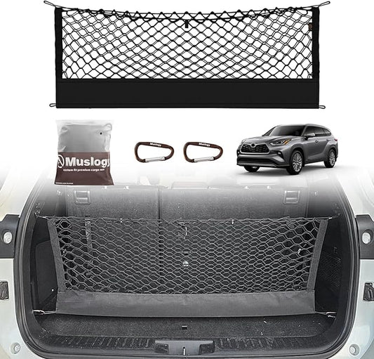 Muslogy Envelope Style Trunk Cargo Net Compatible with 2014-2025 Toyota Highlander Accessories Custom Fit Trunk Organizer Upgraded Mesh Storage Luggage Net with Metal Hooks