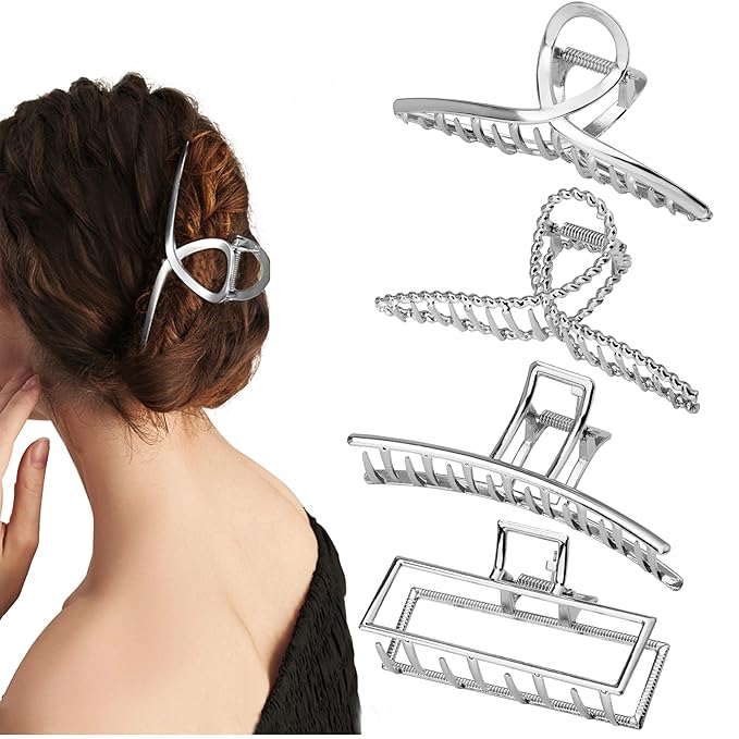 4 Pack Large Metal Hair Clips for Thin to Thick Curly Hair, 4.3 Inch Big Nonslip Silver Color Clamps, Perfect Fashion Jaw Claw Hair Styling Accessories for Women and Girls