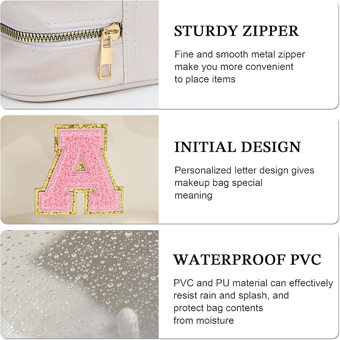 YOOLIFE Initial Make Up Bag Travel Toiletry Bag, Clear Makeup Bag Preppy Stuff Travel Essentials Pink Gifts for Women Teen Girlfriend Teacher Mom Birthday Birthday Gifts for Her Wife White A