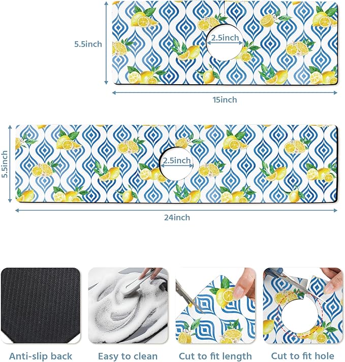 Patterned Sink Faucet Mat Kitchen Splash Guard Super Absorbent Drying Mat, Non-Slip Drain Pad for Kitchen Counter or Bathroom-15x5.5in