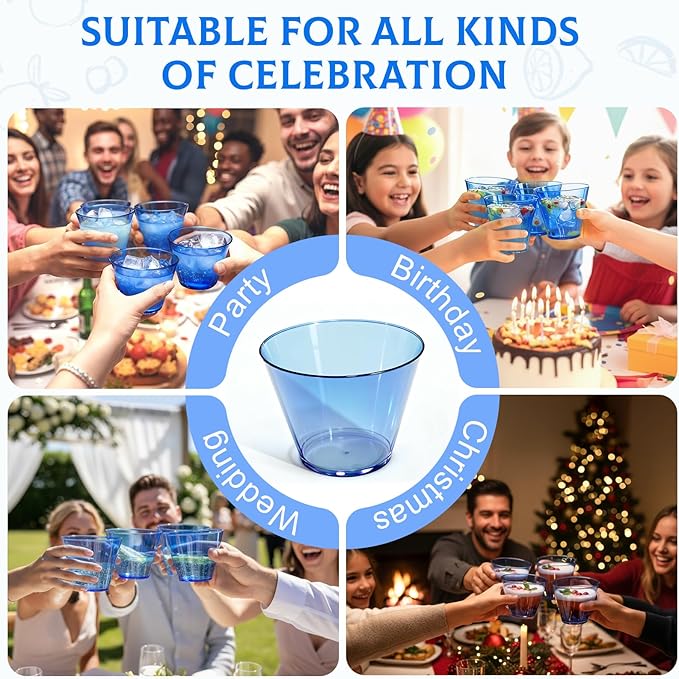 9 oz Clear Plastic Disposable Cups for Cocktail 150 Pack Fancy Cocktail Cup for Party Stemless Wine Glasses for Party Wedding Graduation Birthday，Royal Blue