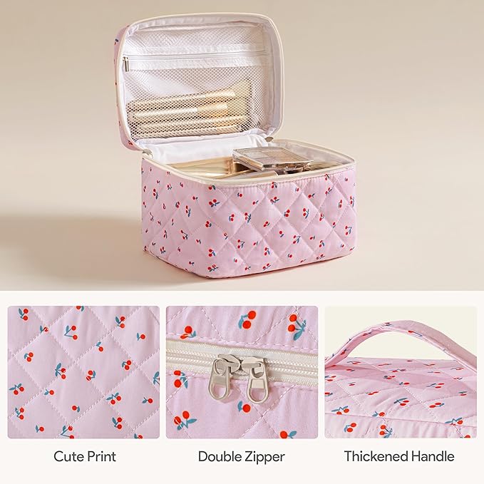 HBselect Quilted Makeup Bag, 3PCS Cotton Large Travel Makeup Bag, Cute Floral Coquette Make up Bag Cosmetic Bag Toiletry Bag for Women Girls