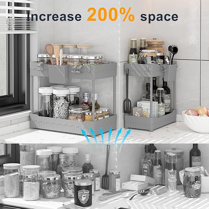 Sevenblue 2 Pack Under Sink Organizer, Under Bathroom Cabinet Organizer with Hooks Hanging Cup, Multi-Purpose Storage Shelf for Kitchen Bathroom (Gray, XL)