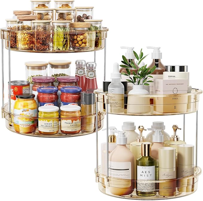 LAMU 2 Pack 2-Tier Lazy Susan Turntable Organizer 12'' Rotating Spice Rack Organization for Cabinet, Kitchen, Pantry, Countertop, Bathroom, Vanity, Medicine Cabinet Organizer, Amber