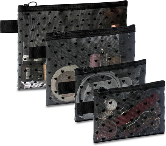 4-Piece Heart Printed Mesh Makeup Bag Set, Portable Travel Mesh Cosmetic Bags Toiletry Bags Makeup Purse Bags Mesh Zipper Storage Pouches for Home Offices Travel Accessories (Black)