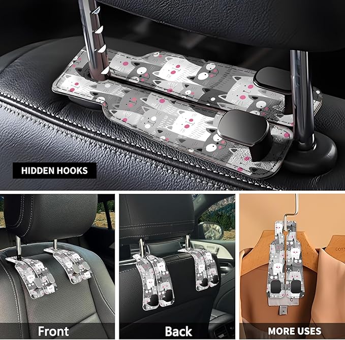 NUGGHU Car Seat Headrest Hook, Universal Leather Cute Hanger Holder Hook, Storage Organizer Interior Accessories for Purse Bags Handbag Funny Grey Cats