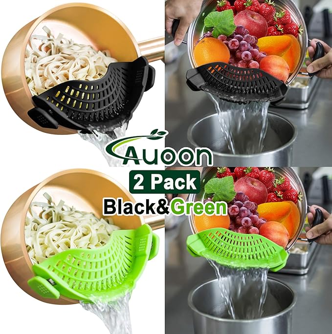 2PACK AUOON Clip on Strainer for All Pots Pans - Silicone Pasta Strainer Kitchen Colander for Draining Noodles Spaghetti Ground Beef Grease｜Easy to Use and Store, Dishwasher Safe (BlackGreen)