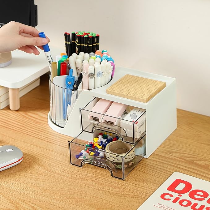 360° Rotating Desk Organizer - 6 Slots Pen and Pencil Holder with 2 Drawers, Art Supply Storage Box Caddy for Office, Home, School (White with 2 Drawer)