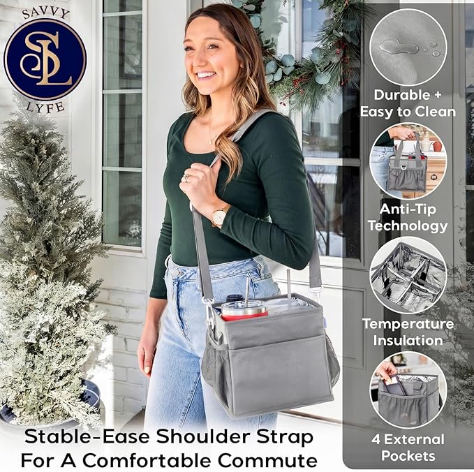 Reusable Drink Carrier with Handle – Tip-Resistant 4 Cup Carrier with Shoulder Strap for Delivery – Insulated, Foldable, Adjustable Dividers – Portable Caddy Tote Bag, Drink Holder for Car
