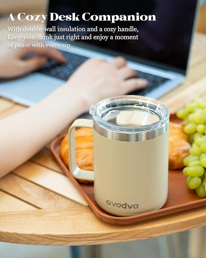 12oz Insulated Coffee Mug with Lid – Includes Two Lids, Stainless Steel Coffee Travel Mug with Handle, Double Wall Vacuum Insulated Camping Mug for Home, Office & Outdoor, Brown