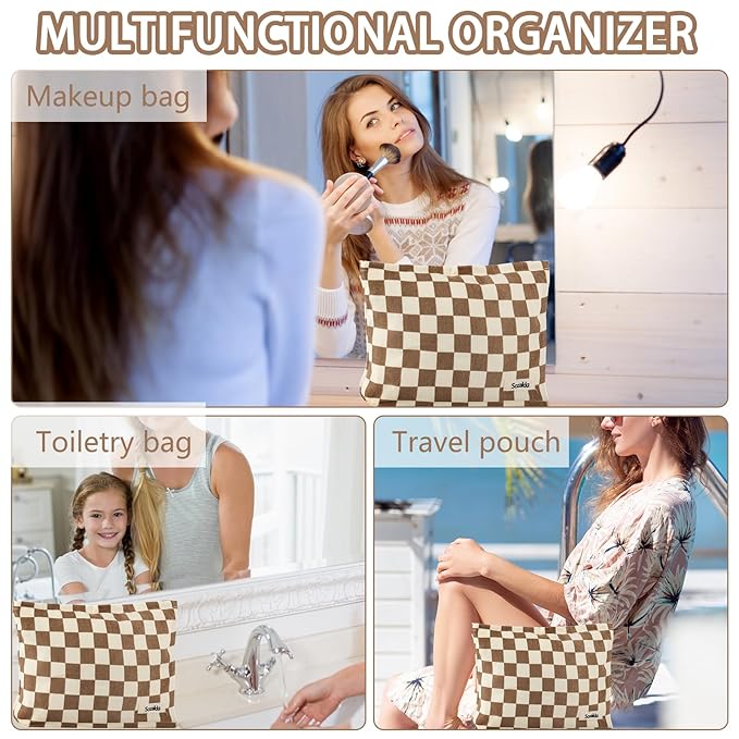 ZLFSRQ Checkered Makeup Bag for Women Large Capacity Brown Travel Cosmetic Bag Set Makeup Pouch for Purse Zipper Toiletry Organizer Cute Y2K Aesthetic Trendy Adults Zipper Skincare Storage Organizer