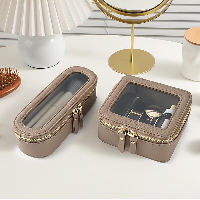 Aveniee Slim Clear Makeup Brush Bag, Small Cosmetic Brush Holder, Mini Toiletry Bag Travel Case for Women, Thin Make up Bags with Dual Zipper, Cute Travel Essentials Bag Organize - Taupe