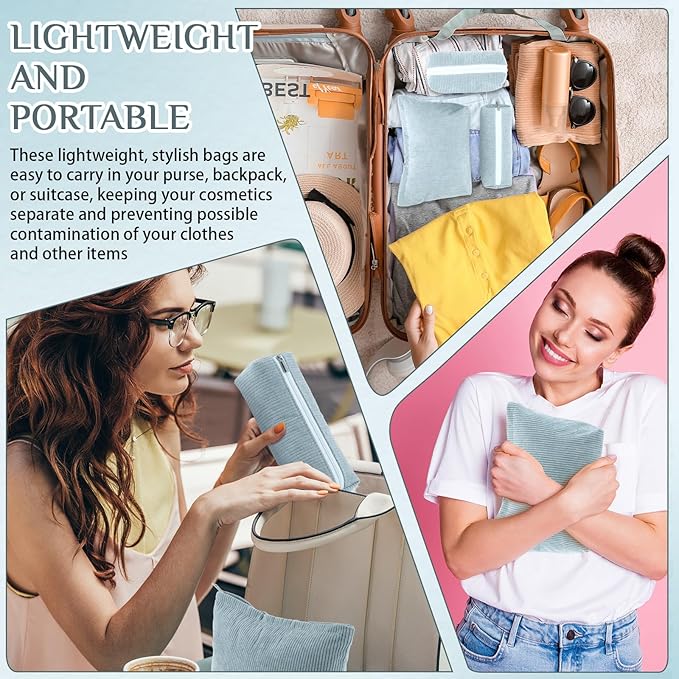 3 Pcs Makeup Bag Set for Women Corduroy Cosmetic Pouch Aesthetic Smile Travel Toiletry Bag Cute Purse Pouch Pencil Case Makeup Brushes Storage Organizer for Christmas(Blue,Solid Style)