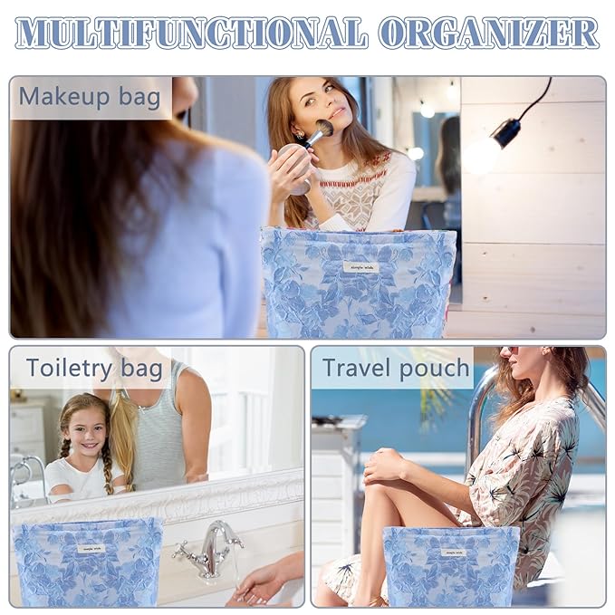ZLFSRQ Flower Makeup Bag Travel Cute Floral Cosmetic Bags for Women Large Toiletry Pouch Zipper Cosmetic Pouch for Purse Aesthetic Embossed Blue Makeup Organizer Bag Portable Toiletry Bags