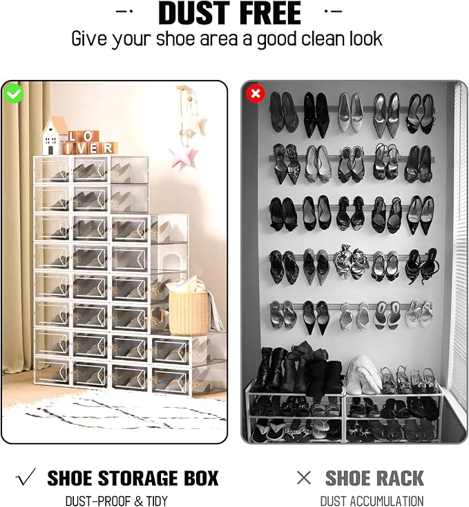 Kuject 15 Pack Shoe Storage Boxes, Large Clear Plastic Stackable Shoe Organizer for Closet, Connect Left and Right Shoe Boxes Case Container Bin for Entryway, Drop Front, Fit for Size 10 (White)