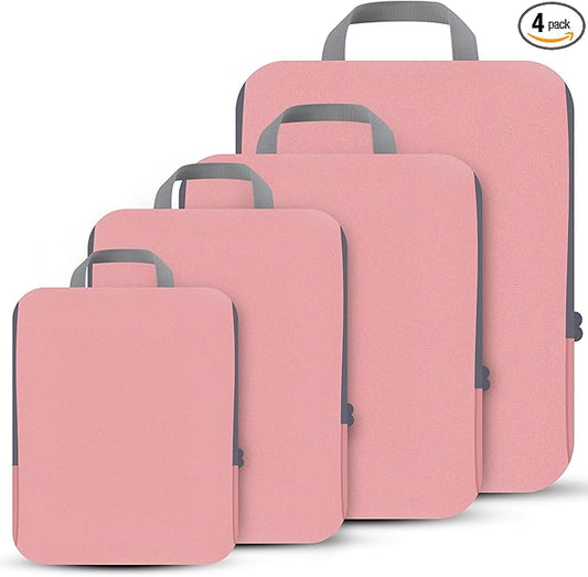 4 Set Compression Packing Cubes Travel - Travel Accessories Expandable Packing Organizers for Carry On - Essentials Luggage Bags - Pink