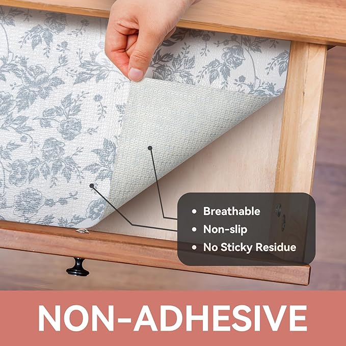 RAY STAR Shelf Liner, Non Adhesive Silver Floral Kitchen Cabinet Liner for Pantry Drawer Vanity, Non-Slip, Shelf Liners for Kitchen Cabinets Cupboard 18 Inch x 8 FT (10 Rolls) Signature Delivery