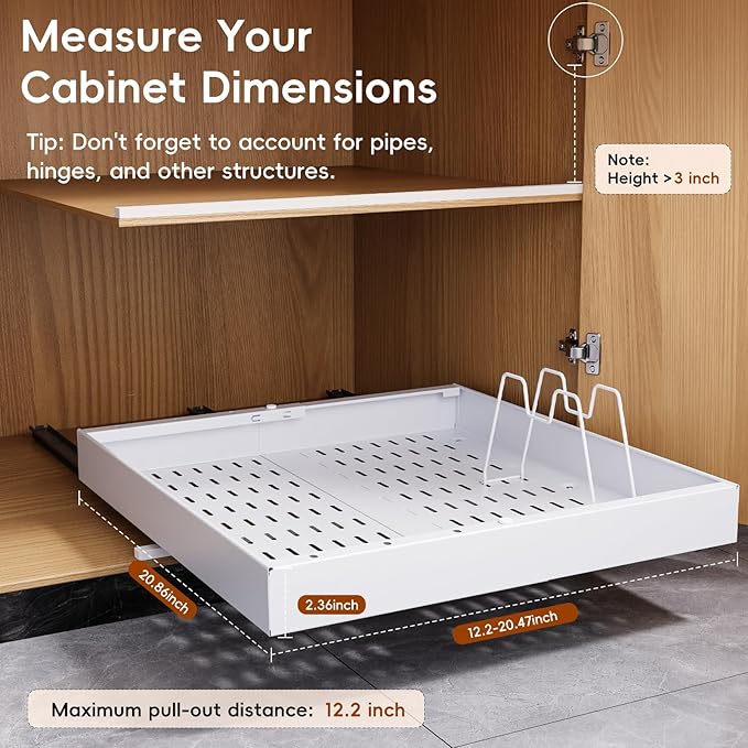 OneDream 1 Pack Pull Out Cabinet Organizer, 21" Deep Slide Out Drawers for Kitchen Cabinets, No Drill Adhesive Pull Out Drawers for Cabinets, Roll Out Shelves Adjustable Width 12.05"-20.4"