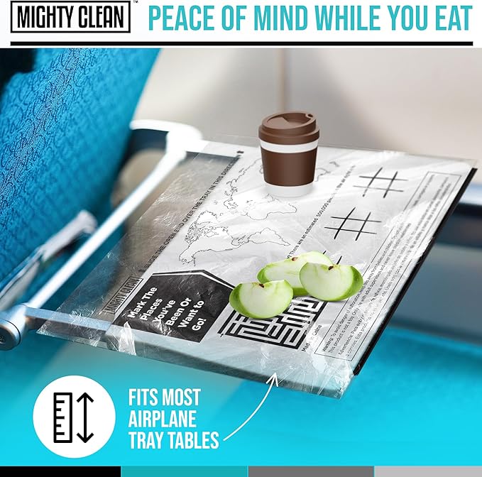 15 Disposable Travel Tray Protectors by Mighty Clean │ Airplane Travel Essentials for Toddler, Kids, and Adults │ Must Have for Flying │ Provides a Clean Surface and Entertainment │ 15 Pack