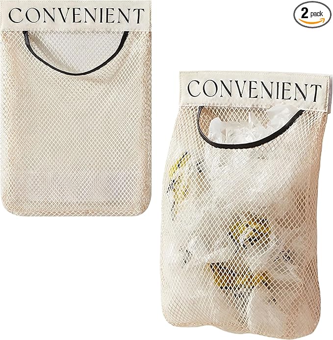 2 Pack Trash Bag Holder Dispenser Sticky Wall Mount Mesh Convenient Storage Organizer for Home Kitchen Grocery Plastic Shopping Garbage Bags Reusable Produce Tote Bag