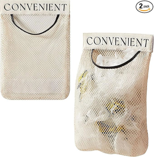 2 Pack Trash Bag Holder Dispenser Sticky Wall Mount Mesh Convenient Storage Organizer for Home Kitchen Grocery Plastic Shopping Garbage Bags Reusable Produce Tote Bag