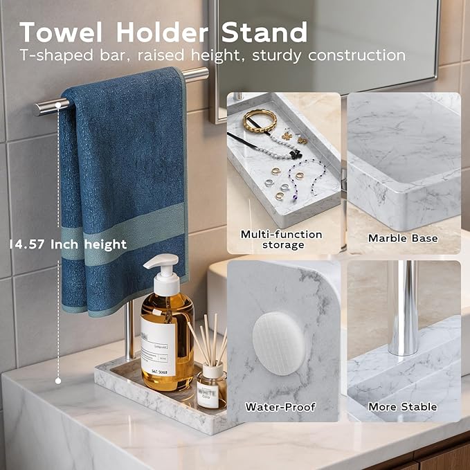 Volnamal Hand Towel Holder for Bathroom, 2-in-1 T-Shape Towel Stand with Countertop Tray, Hand Towel Rack Standing for Counter Top, Vanity, Kitchen, Heavy Non-Tipping Holder - Silver