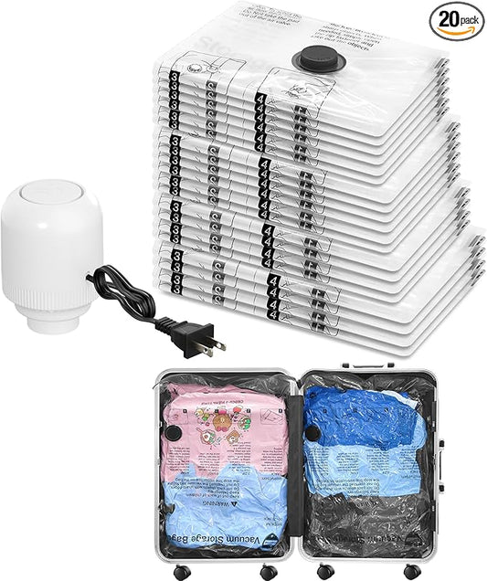 Vacuum Seal Bags for Clothing Travel and Home Storage, Travel Vacuum Bags with Electric Pump, Space Saver Compression Packing Cubes for Luggage Suitcase Bedding Blankets Clothes, 20 Combo