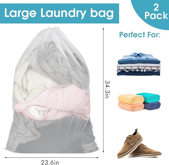 2 Pack Mesh Laundry Bags, 23 x 34 Inches Heavy Duty Mesh Laundry Bag, Large Laundry Drawstring Bag for College, Dorm, Travel, Family and Apartment Dwellers, White