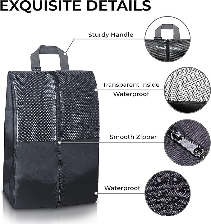 Shoe Bags For Travel, Used For Storage or as a Shoe Travel Bag, Space Saving When Traveling With These Travel Shoe Bags For Packing, Featuring Waterproof Nylon Sneaker Bags. (Black, 2 Pack, Large)
