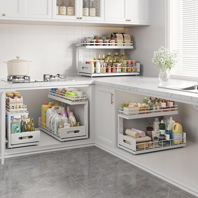 1 Pack 18 IN Depth Under Sink Organizer with Smooth Ball Bearing Slides, 2-Tier Pull Out Cabinet Storage, Slide Out Drawers for Bathroom & Kitchen, Rust-resistant Coating, Height Adjustable-White